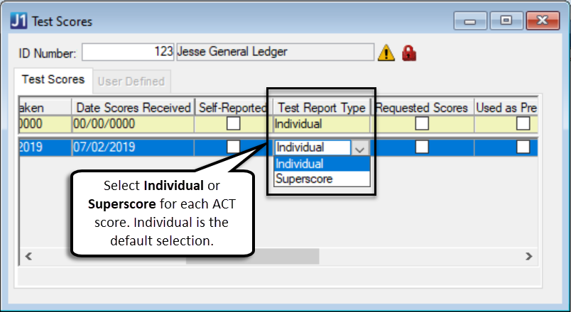 Test Scores window, Test Report Type column.