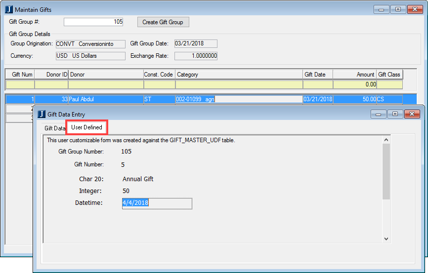 Gift Data Entry window, User Defined tab.