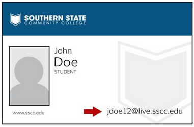 ID card for John Doe, a student at Southern State Community College, featuring a placeholder photo and contact email.